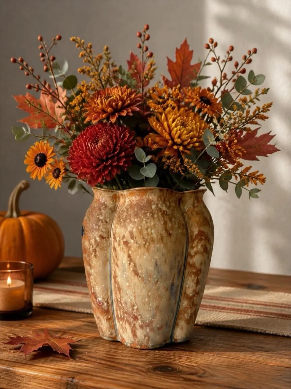 Vintage Speckled Ceramic Pumpkin-Style Vase in Cream and Tan